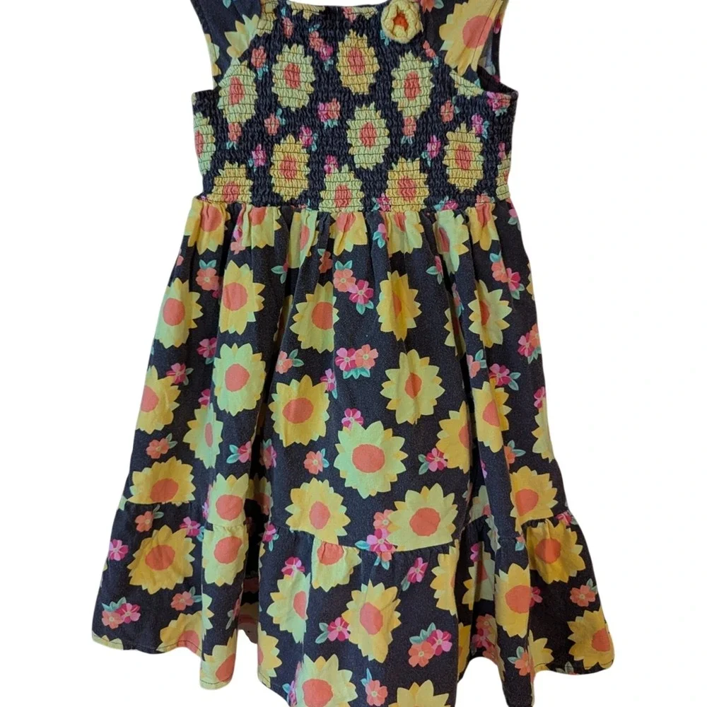 Gymboree Girls Sunflower Print Smocked Tiered Cotton Sundress Brown Yellow Sz 12